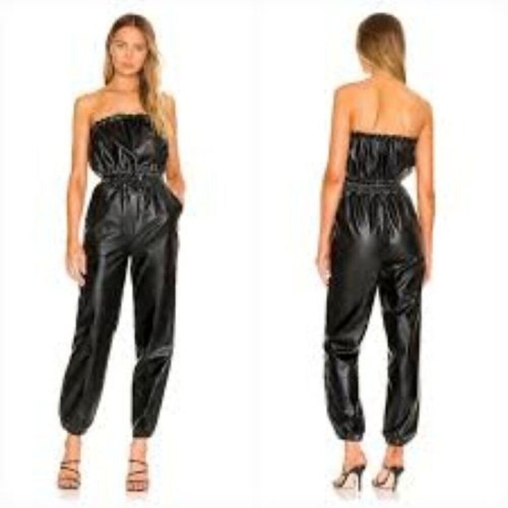 Lovers + Friends Vegan Leather Strapless‎ Jumpsuit Smocked Waist Size M Goth